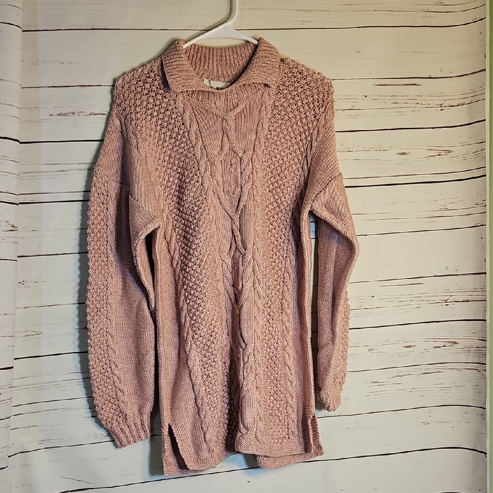 Deirdre McGuire Pink Cable Knit Polo‎ Sweater Handknitted Ireland Pima Cotton XL